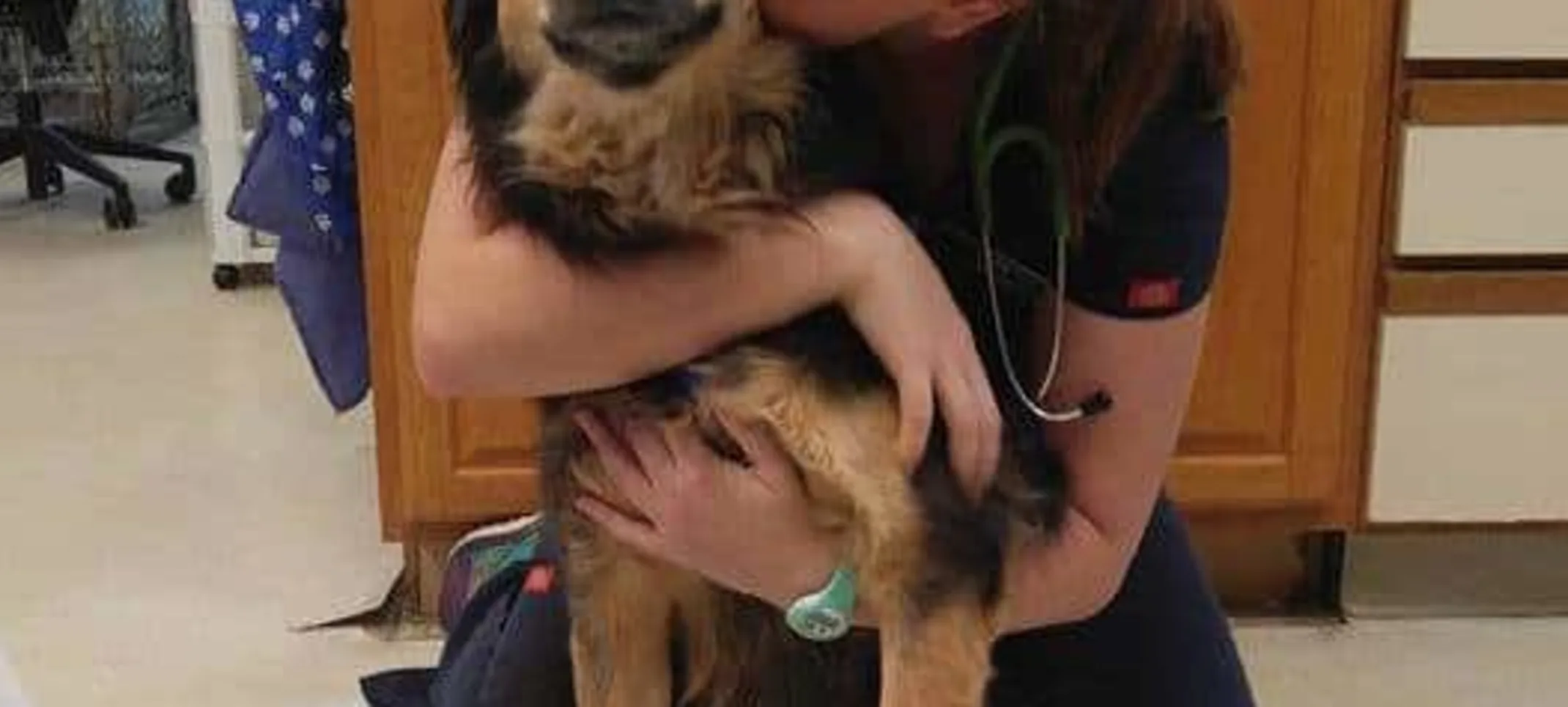 Staff member at Strawbridge Animal Care with a happy puppy